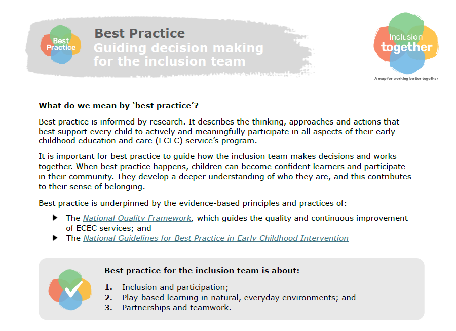 Best practice guiding decision making for the inclusion team